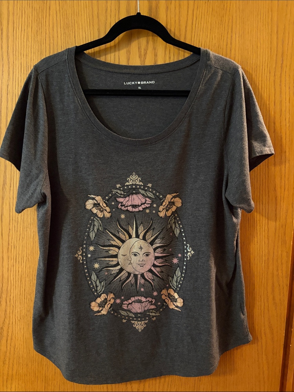 Lucky Brand Charcoal Short-Sleeve Tee with Sun & Floral Graphic